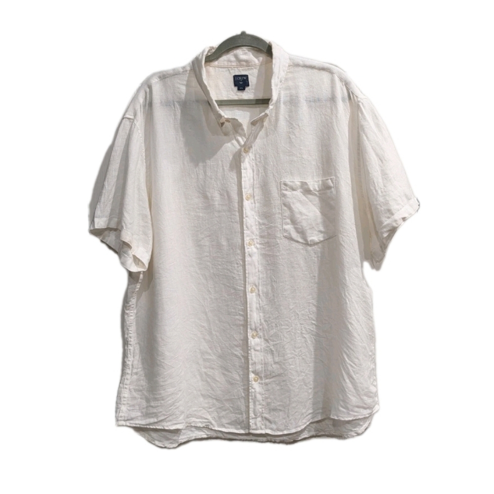 J. Crew Mens Linen White Button Down Shirt Short Sleeve XXL Preppy Pocket Resort